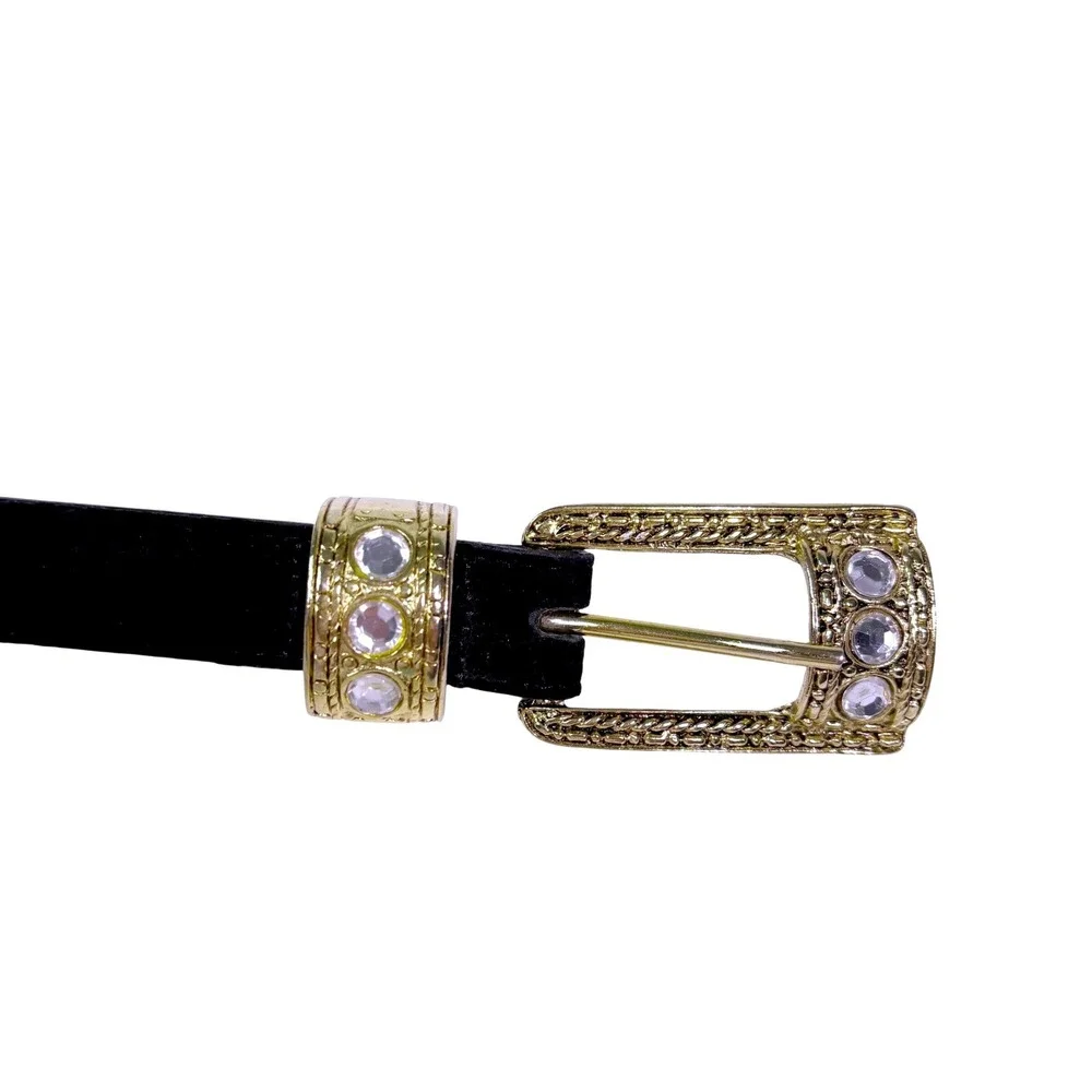 Western Belt Womens L 32 Black Rhinestone Gold Tone Suede Leather Cowgirl Vtg